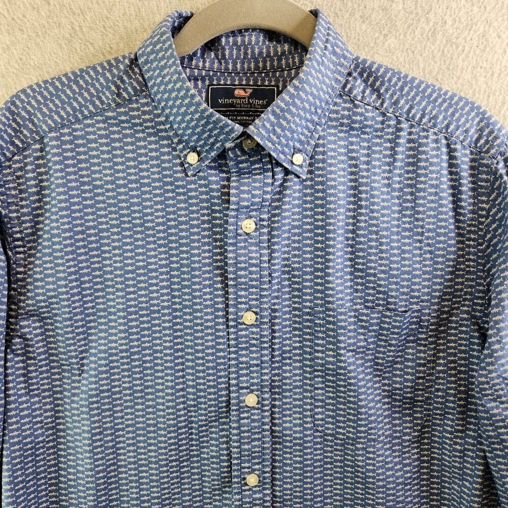 Vineyard Vines Shirt Mens M Blue Fish Bone Print Slim Fit Murray Resortwear - Picture 2 of 13